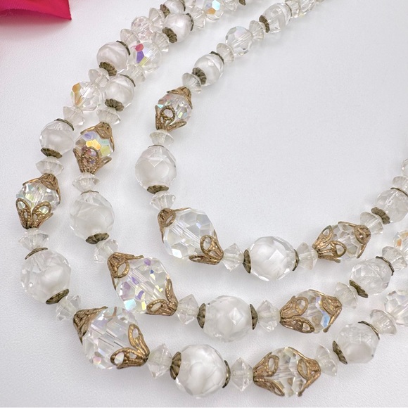 Vintage Givre Glass AB Crystal Bead Triple Strand Necklace Filigree Romantic - Picture 3 of 15